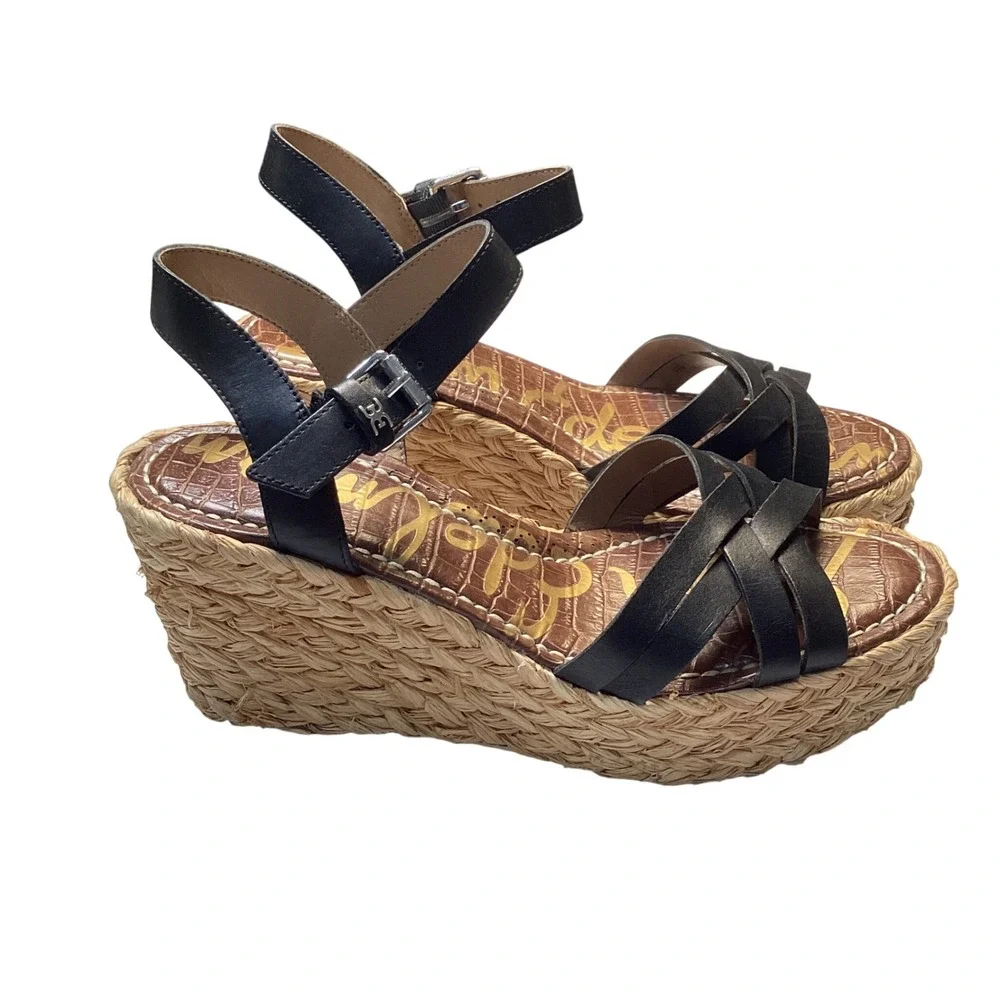 Sam Edelman Womens Sandal Size 9.5 Black Leather Espadrille Wedge Platform
